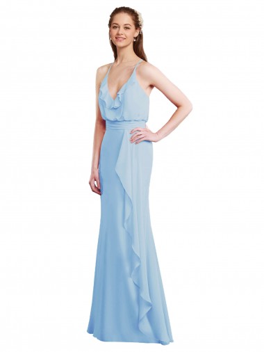 Comprare Azzurro cielo Stile sirena Sottili Scollatura a V Chiffona Lunga Abiti da damigella donore