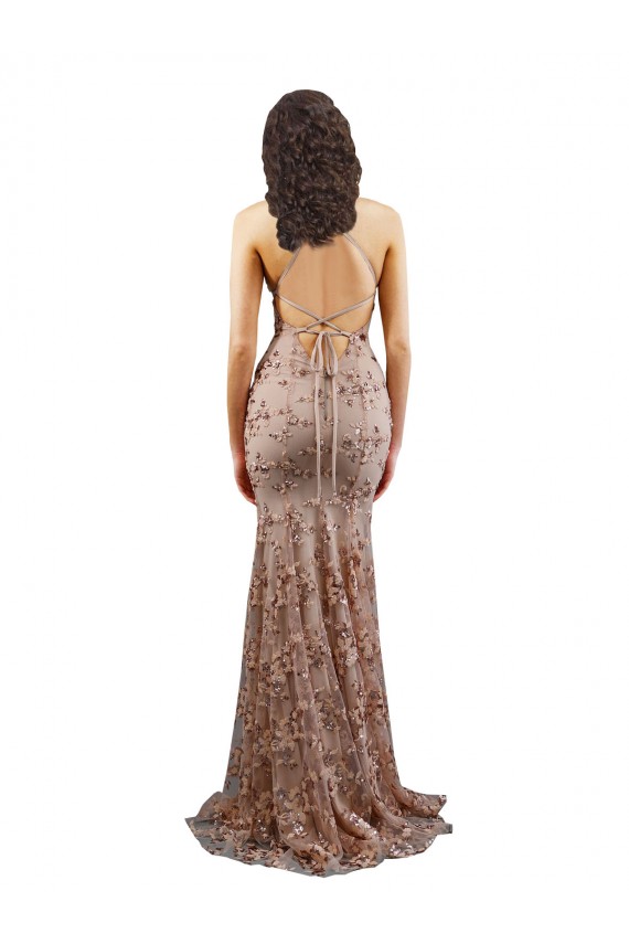 Comprare Oro rosa Stile sirena Alto Collo Crespo Elastico Paillettes Tulle Lunga Formali Abiti da damigella donore / Abiti da sera / Abiti da ballo