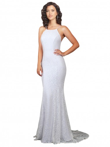 Comprare Bianco Stile sirena Alto Collo Sweep treno Pizzo Abiti da sposa