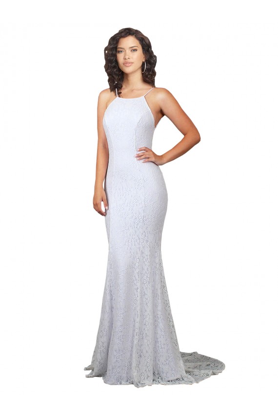 Comprare Bianco Stile sirena Alto Collo Sweep treno Pizzo Abiti da sposa