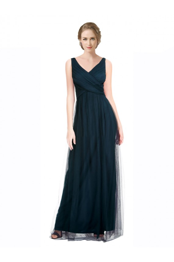 Comprare Blu 7 Linea A Scollatura a V Tulle Lunga Abiti da damigella donore