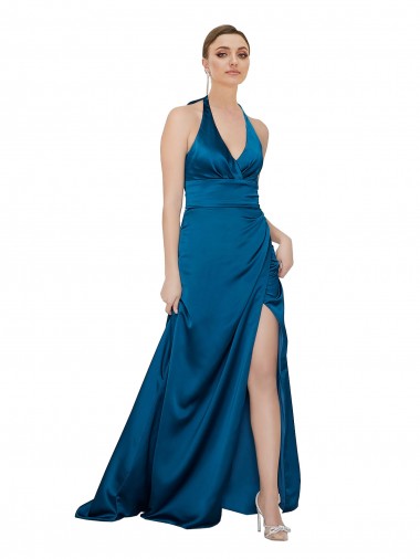 Comprare Blu Pavone Linea A Capestro Raso Setoso Lunga Formali Abiti da damigella donore / Abiti da sera / Abiti da ballo