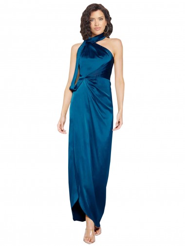 Comprare Blu Pavone Tubino Capestro Alto Collo Raso Setoso Lunga Formali Abiti da damigella donore / Abiti da sera / Abiti da ballo