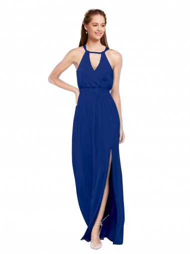 Comprare Blu Reale Linea A Alto Collo Chiffona Lunga Abiti da damigella donore