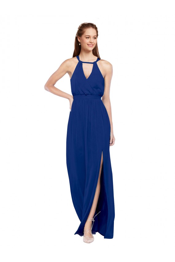 Comprare Blu Reale Linea A Alto Collo Chiffona Lunga Abiti da damigella donore