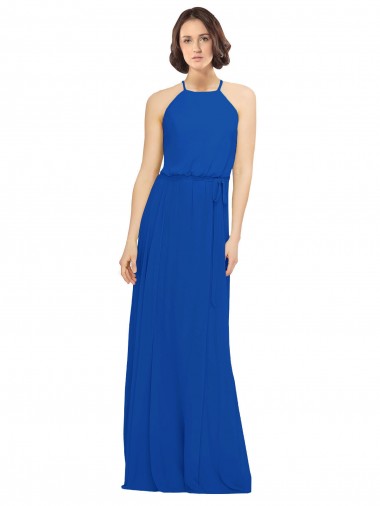 Comprare Blu Reale Linea A Collo Gioiello Chiffona Lunga Abiti da damigella donore
