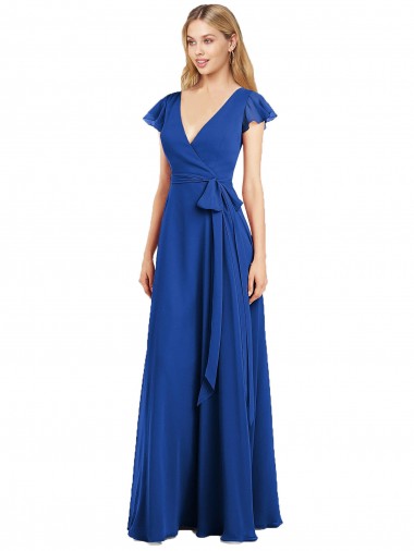Comprare Blu Reale Linea A Scollatura a V Chiffona Lunga Abiti da damigella donore