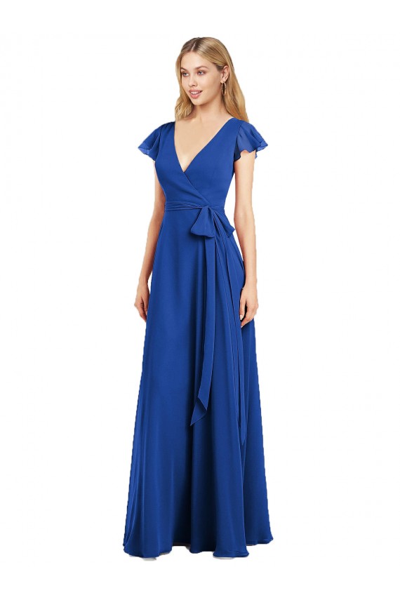 Comprare Blu Reale Linea A Scollatura a V Chiffona Lunga Abiti da damigella donore