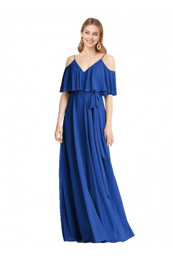 Comprare Blu Reale Linea A Sottili Scollatura a V Chiffona Lunga Abiti da damigella donore