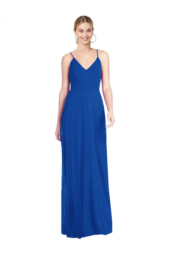 Comprare Blu Reale Linea A Sottili Scollatura a V Chiffona Lunga Abiti da damigella donore