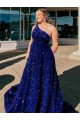 Comprare Blu Reale Linea A Una spalla Sweep treno Paillettes Velluto Lunga Abiti da ballo