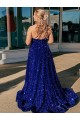 Comprare Blu Reale Linea A Una spalla Sweep treno Paillettes Velluto Lunga Abiti da ballo