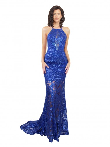 Comprare Blu Reale Stile sirena Alto Collo Pizzo Lunga Abiti da damigella donore / Abiti da ballo