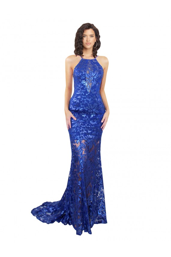 Comprare Blu Reale Stile sirena Alto Collo Pizzo Lunga Abiti da damigella donore / Abiti da ballo