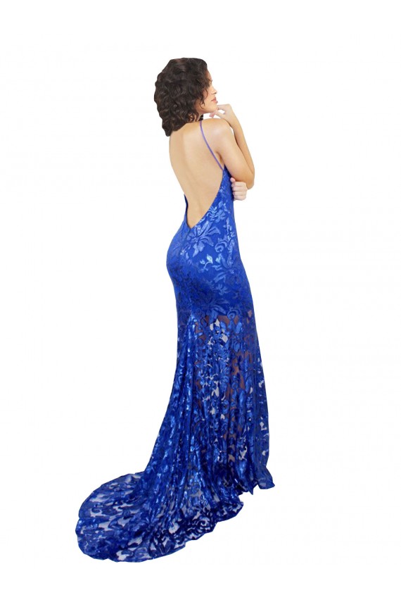 Comprare Blu Reale Stile sirena Alto Collo Pizzo Lunga Abiti da damigella donore / Abiti da ballo
