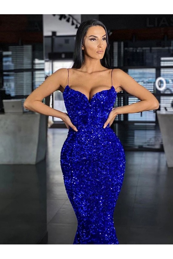 Comprare Blu Reale Stile sirena Sottili Sweep treno Paillettes Velluto Lunga Abiti da ballo