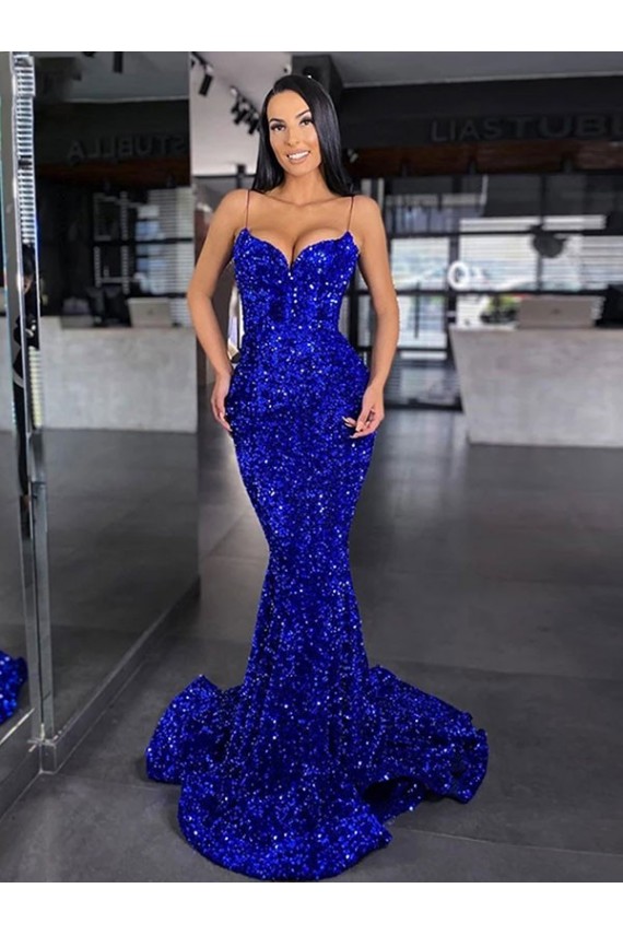 Comprare Blu Reale Stile sirena Sottili Sweep treno Paillettes Velluto Lunga Abiti da ballo