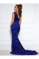 Comprare Blu Reale Stile sirena Una spalla Paillettes Velluto Lunga Abiti da ballo