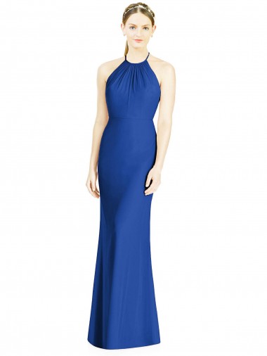 Comprare Blu Reale Tromba Capestro Alto Collo Chiffona Lunga Abiti da damigella donore