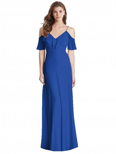 Comprare Blu Reale Tromba Sottili Scollatura a V Chiffona Lunga Abiti da damigella donore