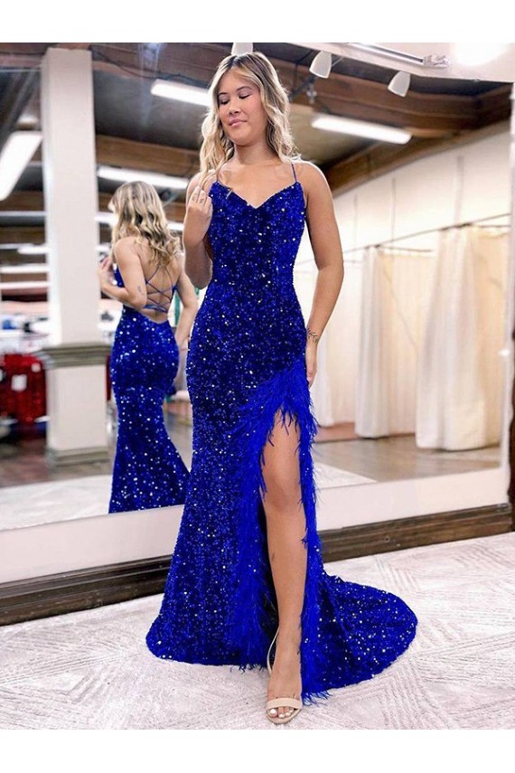 Comprare Blu Reale Tubino Scollatura a V Sweep treno Paillettes Velluto Lunga Abiti da ballo