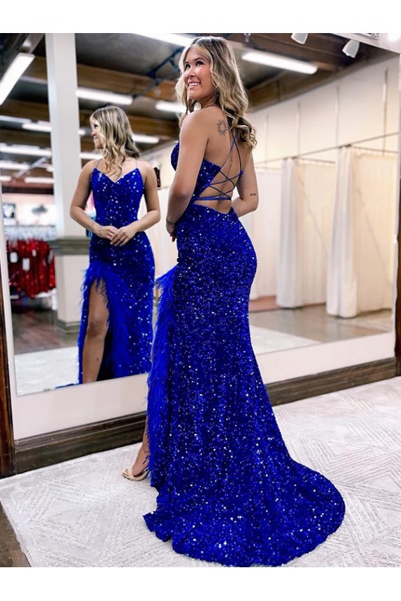 Comprare Blu Reale Tubino Scollatura a V Sweep treno Paillettes Velluto Lunga Abiti da ballo