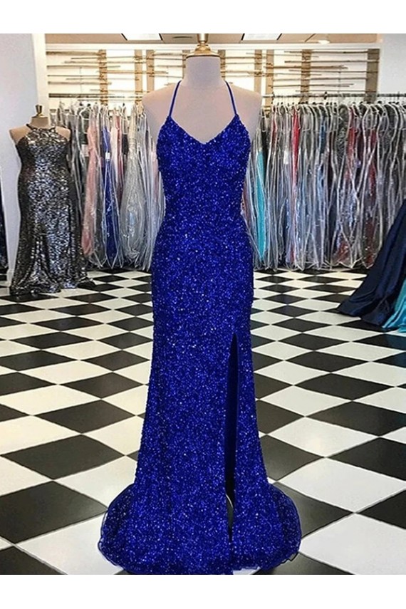 Comprare Blu Reale Tubino Scollatura a V Sweep treno Paillettes Velluto Lunga Abiti da ballo