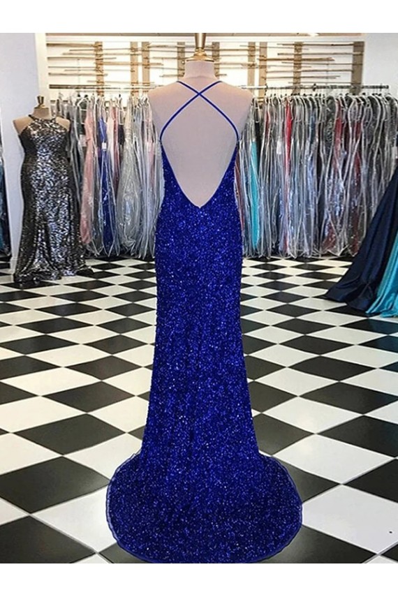 Comprare Blu Reale Tubino Scollatura a V Sweep treno Paillettes Velluto Lunga Abiti da ballo