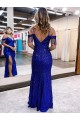 Comprare Blu Reale Tubino Sottili Scollatura a V Paillettes Velluto Lunga Abiti da ballo