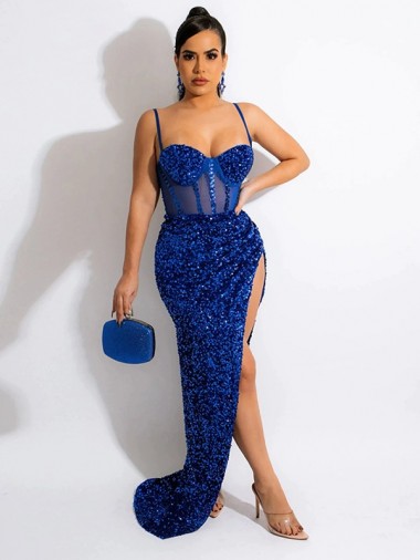 Comprare Blu Reale Tubino Sottili Sweep treno Paillettes Velluto Lunga Abiti da ballo