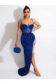 Comprare Blu Reale Tubino Sottili Sweep treno Paillettes Velluto Lunga Abiti da ballo