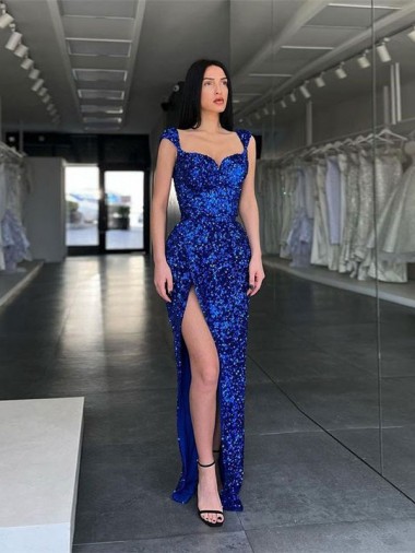 Comprare Blu Reale Tubino Sottili Sweep treno Paillettes Velluto Lunga Abiti da ballo