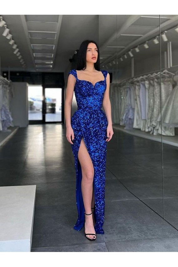 Comprare Blu Reale Tubino Sottili Sweep treno Paillettes Velluto Lunga Abiti da ballo