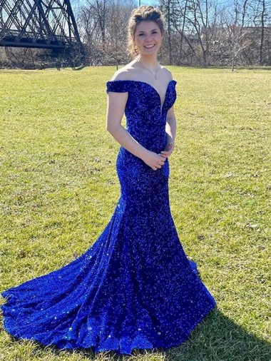 Comprare Blu Reale Tubino Sweep treno Paillettes Velluto Lunga Abiti da ballo