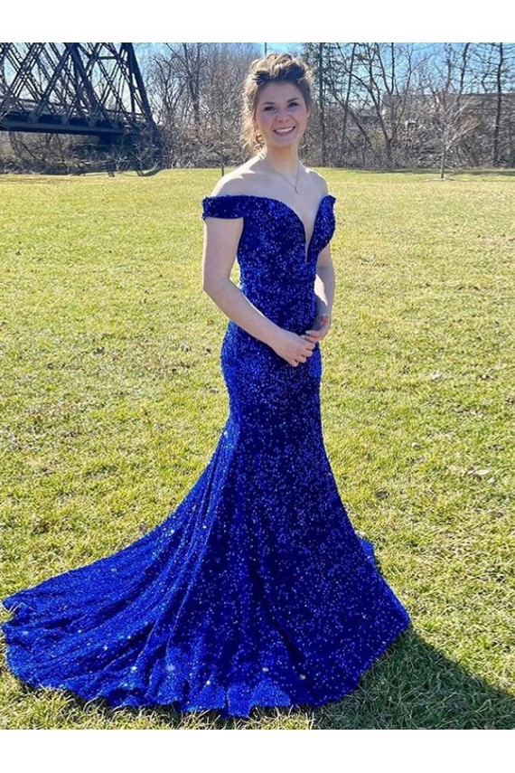 Comprare Blu Reale Tubino Sweep treno Paillettes Velluto Lunga Abiti da ballo