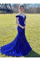 Comprare Blu Reale Tubino Sweep treno Paillettes Velluto Lunga Abiti da ballo