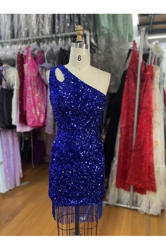 Comprare Blu Reale Tubino Una spalla Corto Paillettes Velluto Corto Abiti da ballo