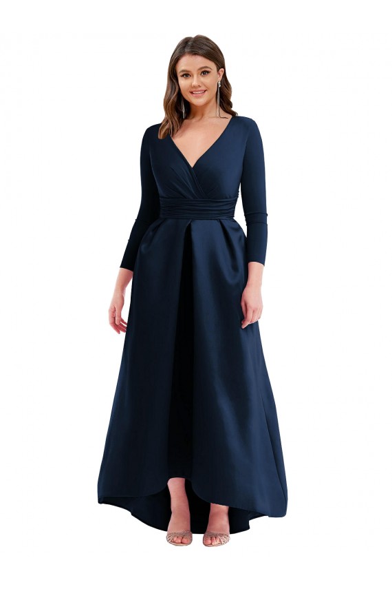 Comprare Blu marino scuro Abito da ballo Scollatura a V Spandex Lunga Asimmetrico Formali Abiti da damigella donore / Abiti da sera / Abiti da ballo