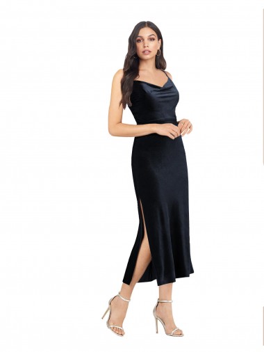 Comprare Blu marino scuro Colonna Cappuccio Midi Velluto Elastico Corto Abiti da damigella donore / Abiti da sera / Abiti da cocktail
