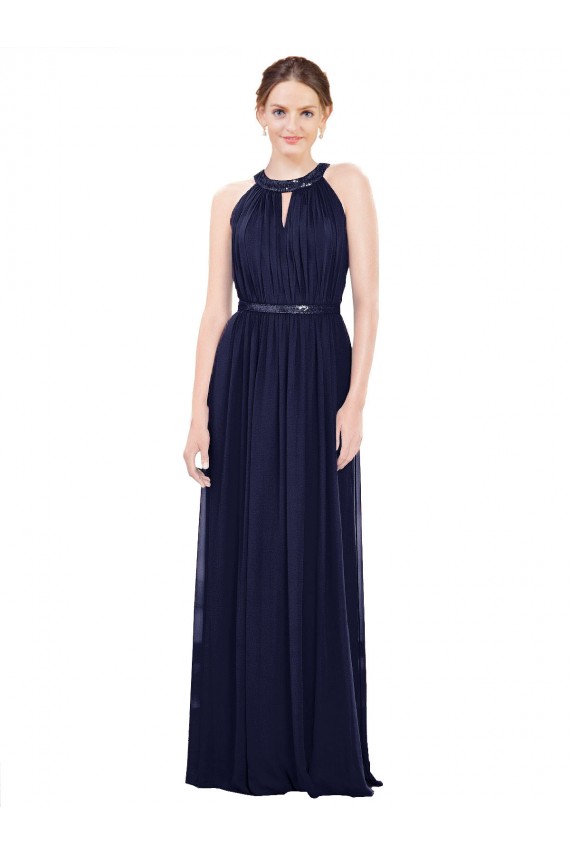 Comprare Blu marino scuro Linea A Alto Collo Chiffona Lunga Abiti da damigella donore