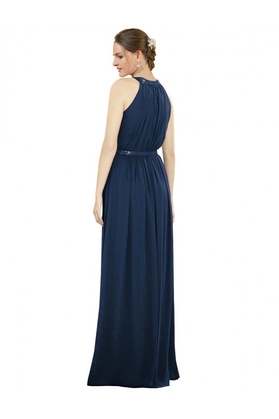 Comprare Blu marino scuro Linea A Alto Collo Chiffona Lunga Abiti da damigella donore