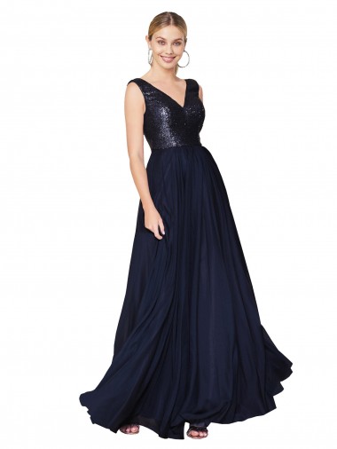 Comprare Blu marino scuro Linea A Alto Collo Chiffona Paillettes Lunga Abiti da damigella donore / Abiti da ballo