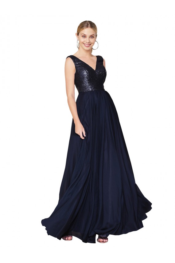 Comprare Blu marino scuro Linea A Alto Collo Chiffona Paillettes Lunga Abiti da damigella donore / Abiti da ballo