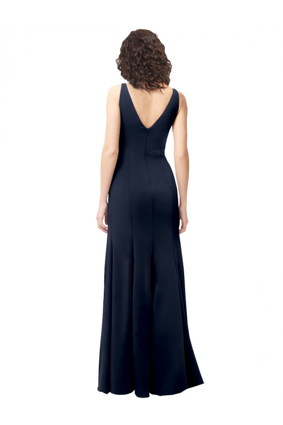 Comprare Blu marino scuro Linea A Alto Collo Crespo Elastico Lunga Formali Abiti da damigella donore / Abiti da sera / Abiti da ballo