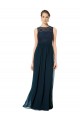Comprare Blu marino scuro Linea A Barca Illusione Chiffona Pizzo Lunga Abiti da damigella donore