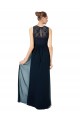 Comprare Blu marino scuro Linea A Barca Illusione Chiffona Pizzo Lunga Abiti da damigella donore