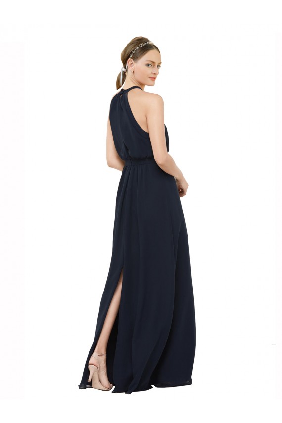 Comprare Blu marino scuro Linea A Capestro Alto Collo Chiffona Lunga Abiti da damigella donore