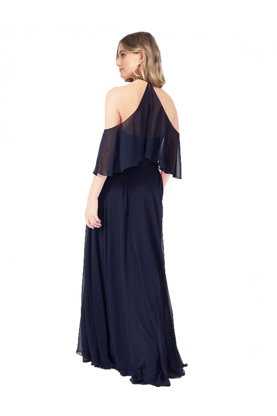 Comprare Blu marino scuro Linea A Capestro Alto Collo Chiffona Lunga Abiti da damigella donore