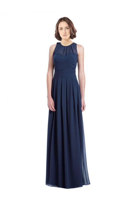 Comprare Blu marino scuro Linea A Capestro Chiffona Lunga Abiti da damigella donore