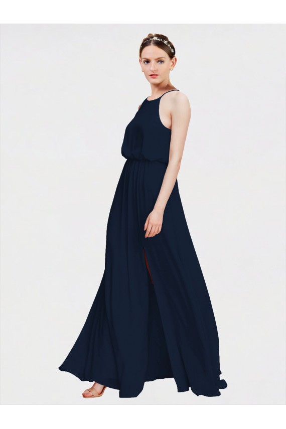 Comprare Blu marino scuro Linea A Capestro Chiffona Lunga Abiti da damigella donore